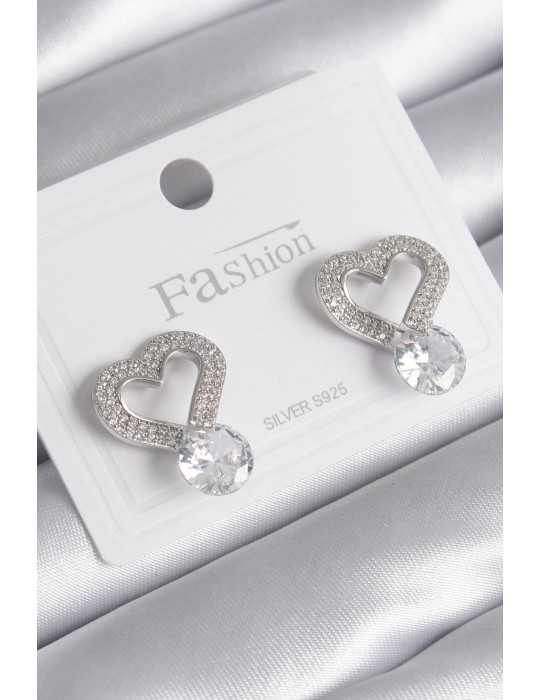 Pirinç Gümüş Renk Zirkon Taşlı Kalp Model Damla Zirkon Taş Detay Kadın Küpe - TJ-BKP8534