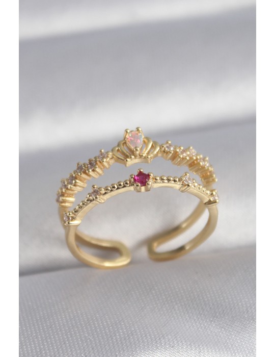 Pirinç Gold Renk Zirkon Taşlı Taç Model Kadın Yüzük - TJ-BYK3040