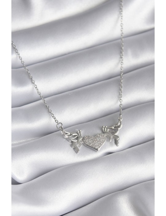 316L Çelik Gümüş Renk Zirkon Taşlı Kanat Kalp Model Kadın Kolye - TJ-BKO8289