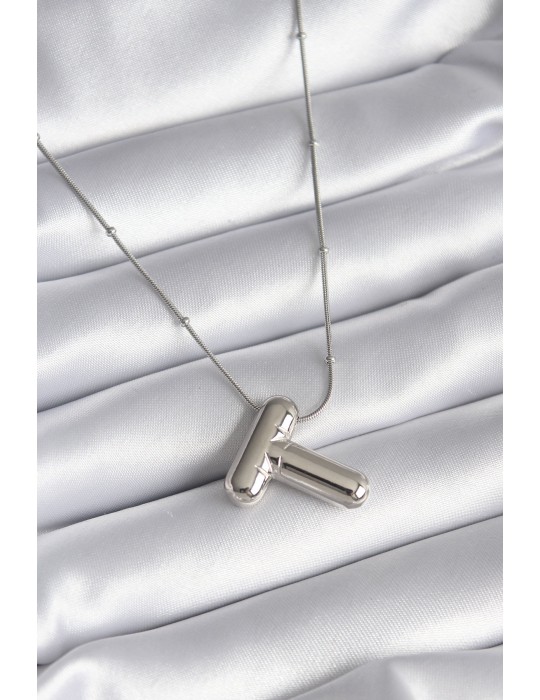 316L Çelik Gümüş Renk Bubble "T" Harf Model Kadın Kolye - TJ-BKO8295