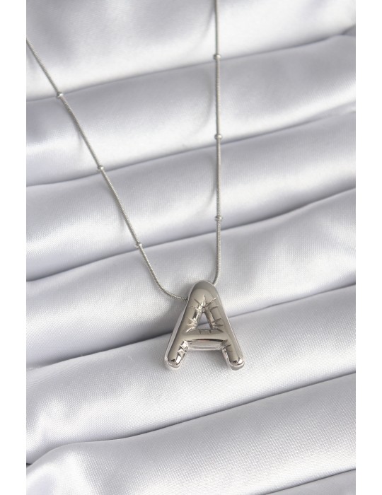 316L Çelik Gümüş Renk Bubble "A" Harf Model Kadın Kolye - TJ-BKO8308