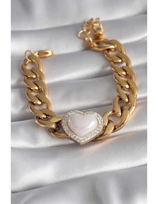 316L Çelik Gold Renk Pembe 3D Kalp Model Zirkon Taşlı Kadın Bileklik - TJ-BB5923