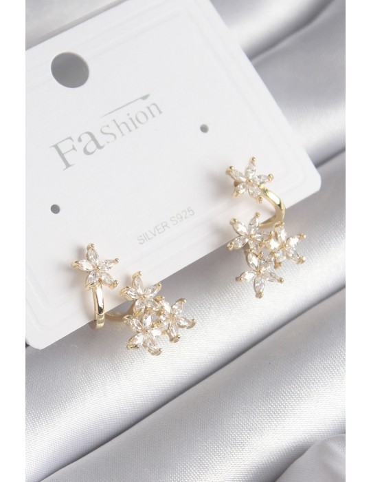 Pirinç Gold Renk Zirkon Taşlı Çiçek Tasarım Kadın Küpe - TJ-BKP8605