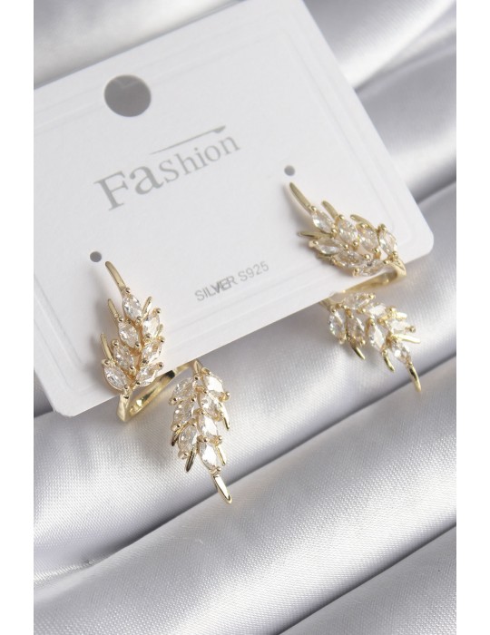 Pirinç Gold Renk Zirkon Taşlı Yaprak Model Kadın Küpe - TJ-BKP8607