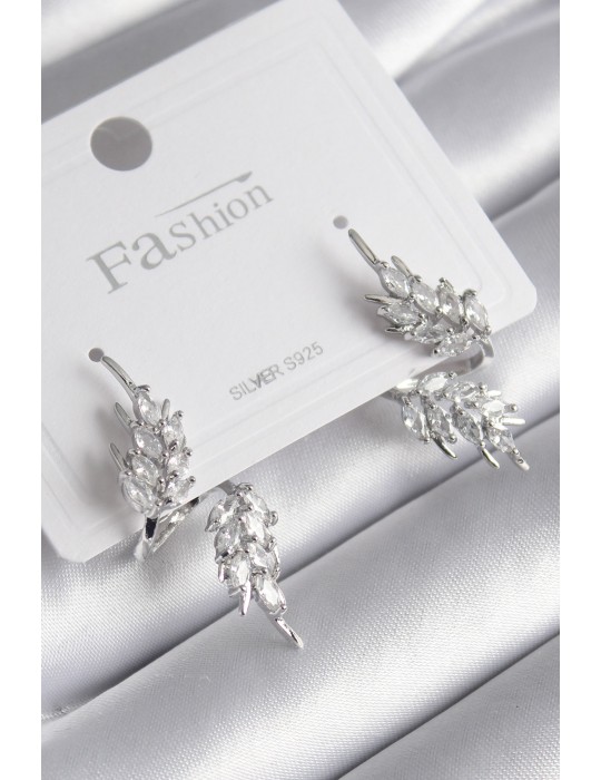 Pirinç Gümüş Renk Zirkon Taşlı Yaprak Model Kadın Küpe - TJ-BKP8608