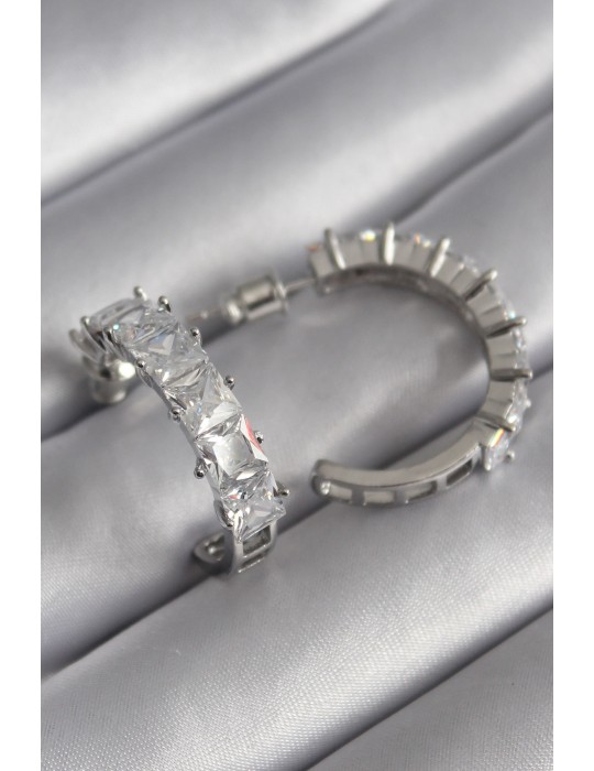 Pirinç Gümüş Renk Zirkon Taşlı Halka Model Kadın Küpe - TJ-BKP8610