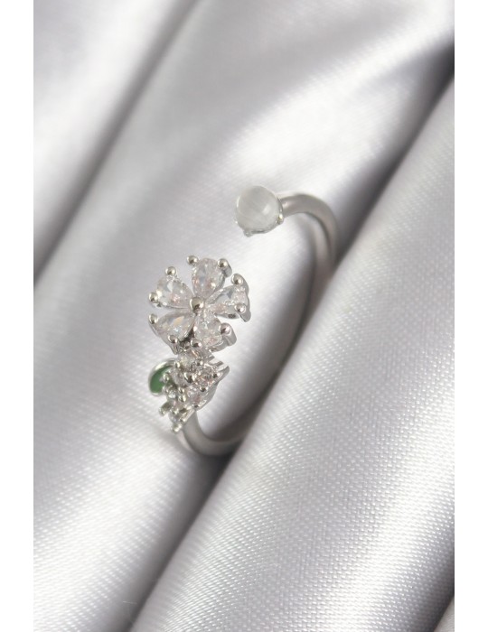 Pirinç Gümüş Renk Zirkon Taşlı Çiçek Model Kadın Yüzük - TJ-BYK3048