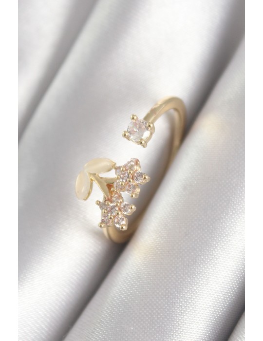 Pirinç Gold Renk Zirkon Taşlı Çiçek Model Kadın Yüzük - TJ-BYK3067