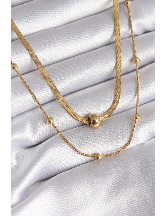 316L Çelik Gold Renk İtalyan Zincir Model Topçuk Detay Kadın Kolye - TJ-BKO8312