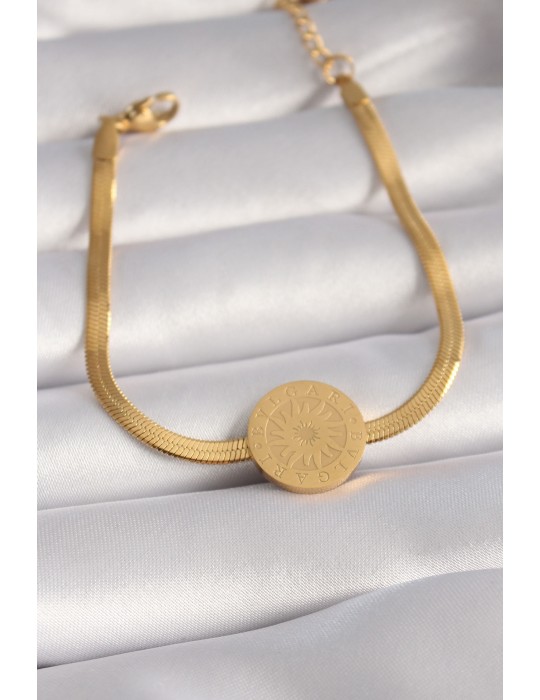 316L Çelik Gold Renk İtalyan Zincir Model İşlemeli Madalyon Figür Kadın Bileklik - TJ-BB5933