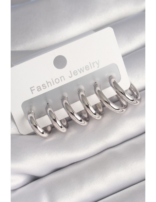 Pirinç Gümüş Renk Halka Model Kadın Küpe Seti - TJ-BKP8764