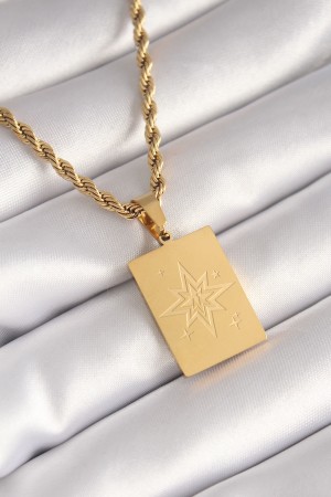 316L Çelik Gold Renk Burgu Zincir Kutup Yıldızı İşleme Plaka Figür Kadın Kolye - TJ-BKO8451 316L Çelik Gold Renk Burgu Zincir Kutup Yıldızı İşleme Plaka Figür Kadın Kolye - TJ-BKO8451