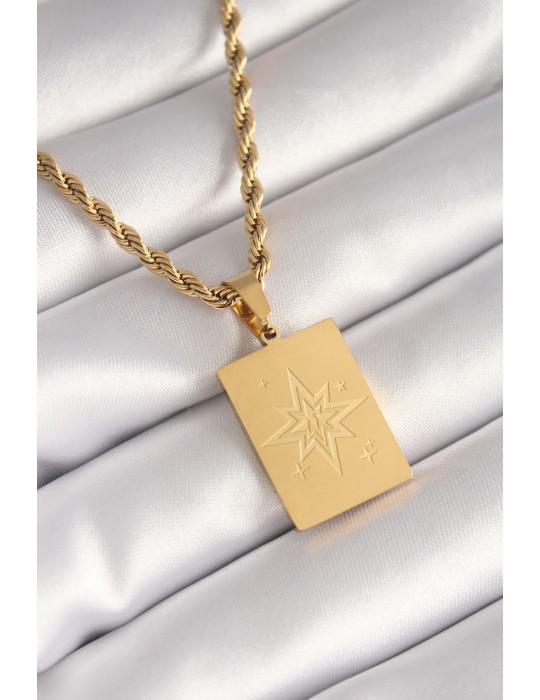 316L Çelik Gold Renk Burgu Zincir Kutup Yıldızı İşleme Plaka Figür Kadın Kolye - TJ-BKO8451