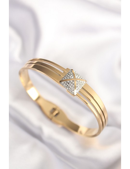 316L Çelik Zirkon Taşlı Gold Renk Kadın Kelepçe Bilezik - TJ-BB6024