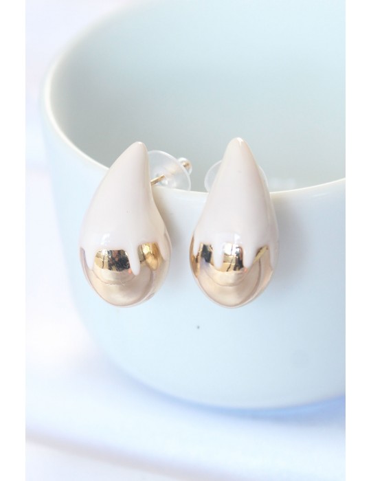 Minimal Beyaz Mineli Çift Renk Damla Küpe - TJ-BKP8866