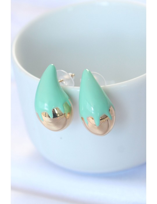 Minimal Turkuaz Mineli Çift Renk Damla Küpe - TJ-BKP8867