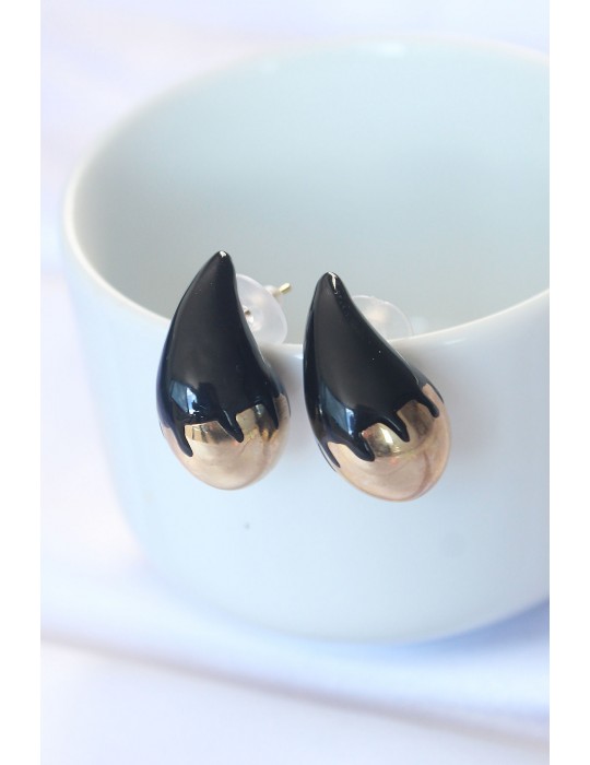 Minimal Siyah Mineli Çift Renk Damla Küpe - TJ-BKP8868