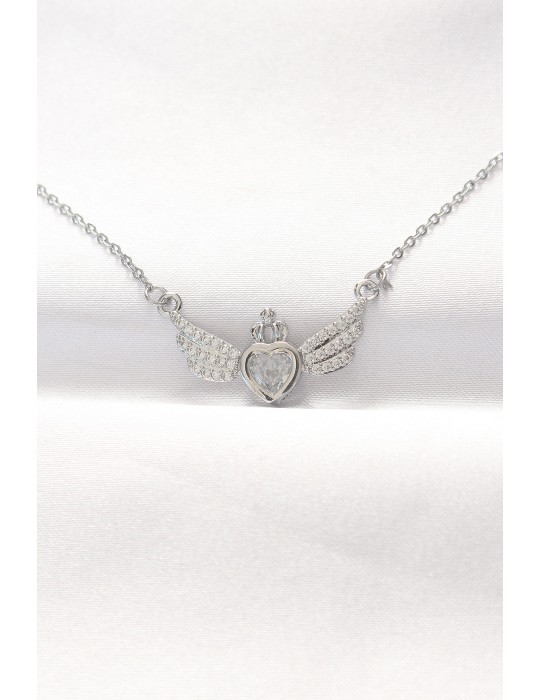 316L Çelik Silver Renk Zirkon Taşlı Kalpli Kanat Kolye - TJ-BKO8515