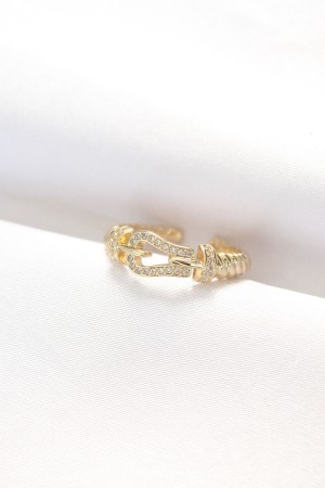 Kemer Tokası Tasarımlı Gold Renk Zirkon Taşlı Ayarlanabilir Yüzük - TJ-BYK3099