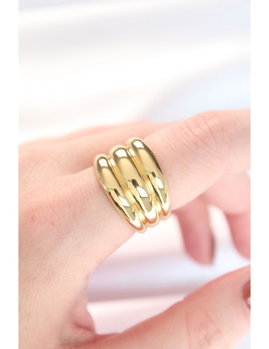 Gold Renk Ayarlanabilir Çizgili Bombe Yüzük - TJ-BYK3119