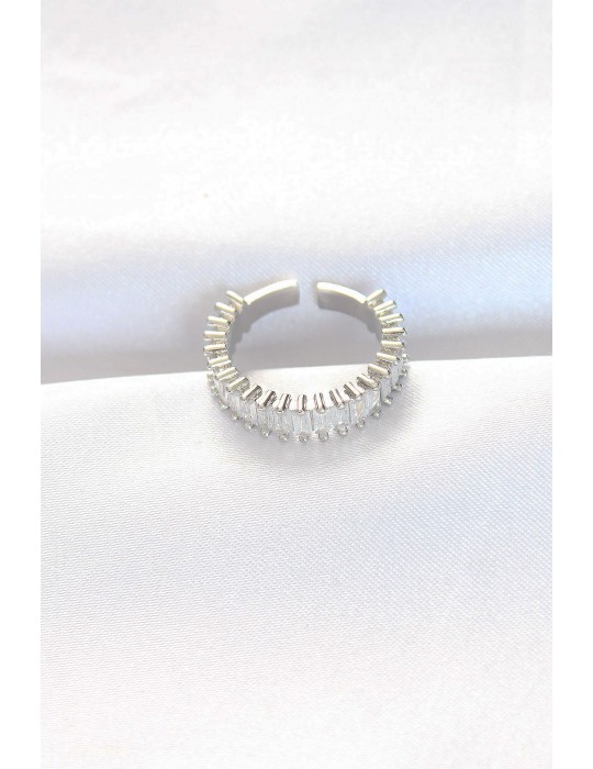 Sıralı Baget Taşlı Silver Renk Ayarlanabilir Yüzük - TJ-BYK3110