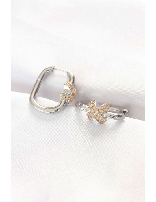 Pirinç Çift Renk Taşlı X Tasarımlı Dikdörtgen Küpe - TJ-BKP8891