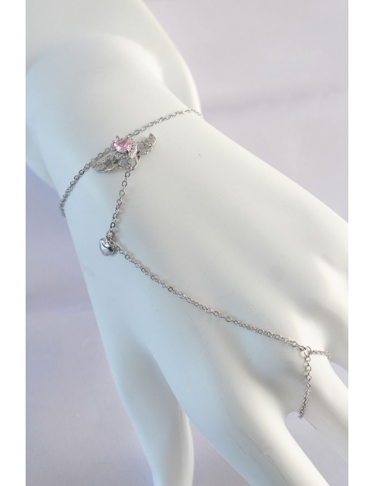 316L Çelik Gümüş Renk Pembe Zirkon Taşlı Kanatlı Kalp Model Şahmeran - TJ-SN584