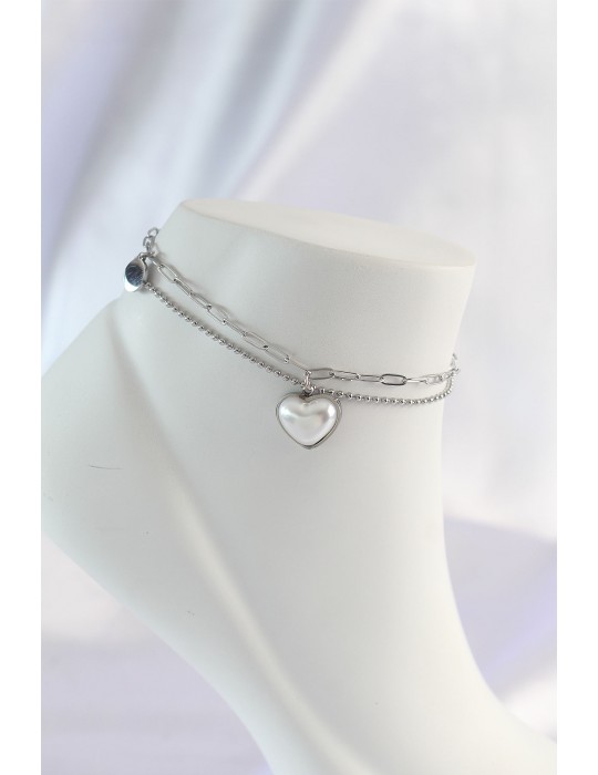 316L Çelik Gümüş Renk Beyaz Kalpli 2li Halhal - TJ-HH1585