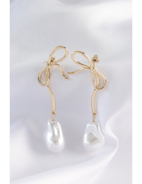 Pirinç Gold Renk Fiyonk Model İnci Taşlı Uzun Küpe - TJ-BKP8923