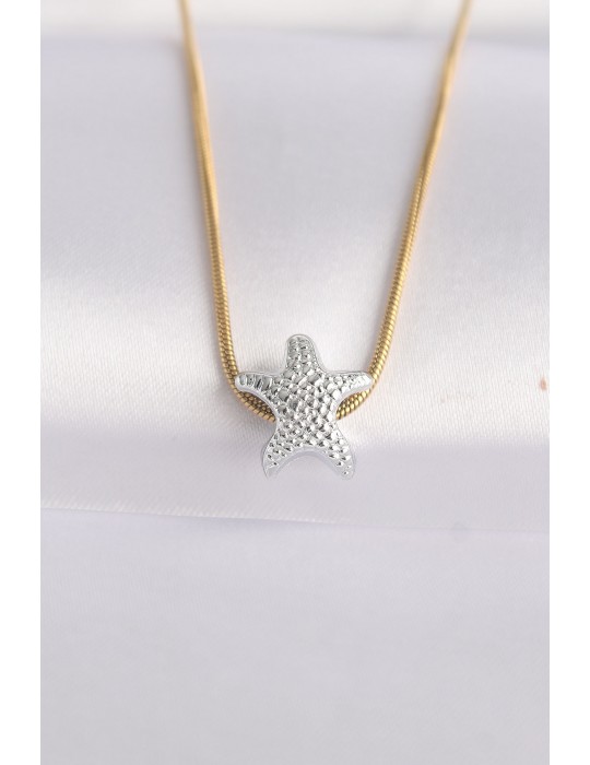 316L Çelik Zincir Altın Renk Zincirli Gümüş Renk Deniz Yıldızı Tasarımlı Kolye - TJ-BKO8607