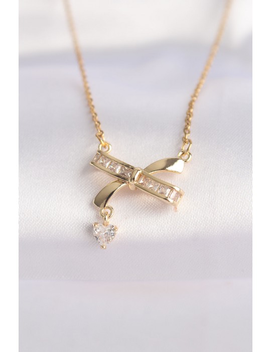 316L Çelik Zincir Altın Renk Zirkon Taşlı Kalp Detay Fiyonk Kolye - TJ-BKO8622