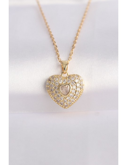 316L Çelik Zincir Altın Renk Zirkon Taşlı Kalp Kolye - TJ-BKO8624