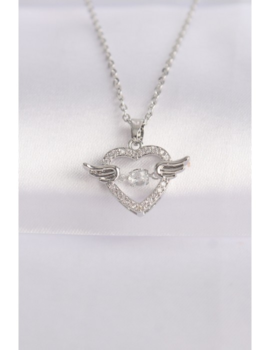 316L Çelik Zincir Gümüş Renk Zirkon Taşlı Kanatlı Kalp Kolye - TJ-BKO8627