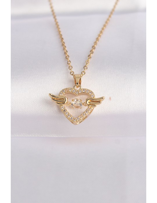316L Çelik Zincir Altın Renk Zirkon Taşlı Kanatlı Kalp Kolye - TJ-BKO8628
