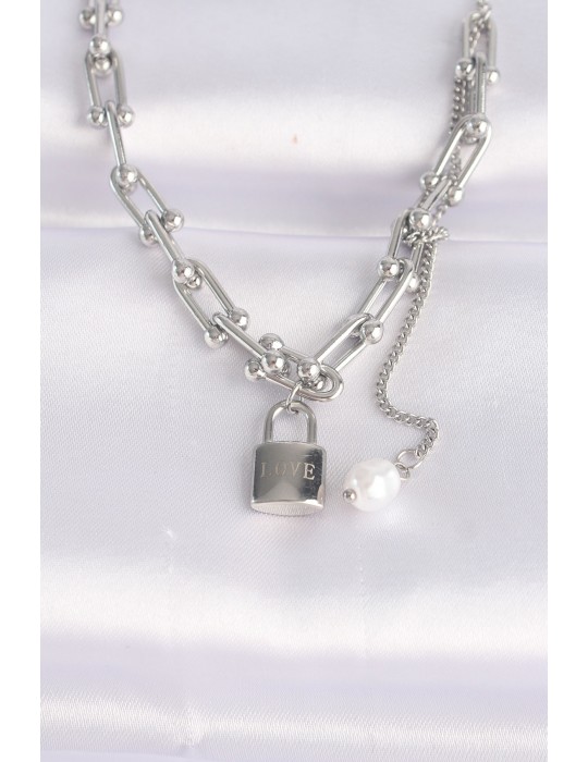 316L Çelik Zincir Gümüş Renk Zincirli Love Yazılı Kilit Kolye - TJ-BKO8633