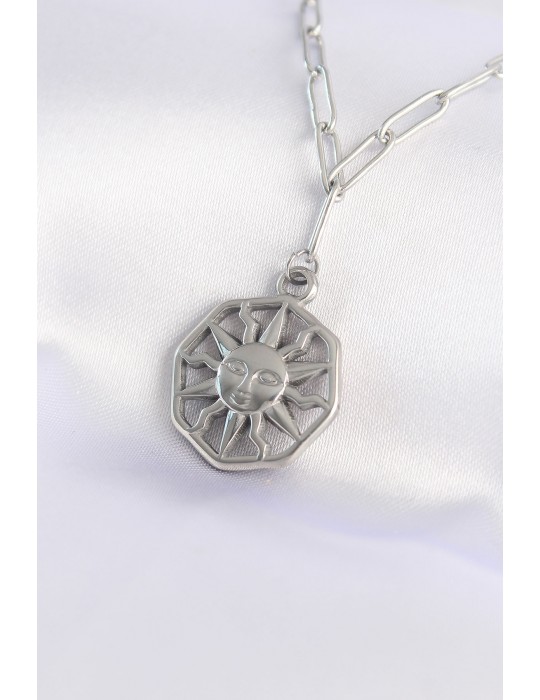 316L Çelik Zincir Gümüş Renk Güneş Kolye - TJ-BKO8645