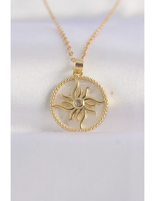 316L Çelik Zincir Altın Renk Zirkon Taşlı Oval Tasarım Güneş Kolye - TJ-BKO8653