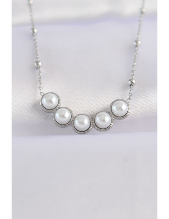 316L Çelik Zincir Gümüş Renk Sıralı İnci Taşlı Kolye - TJ-BKO8654