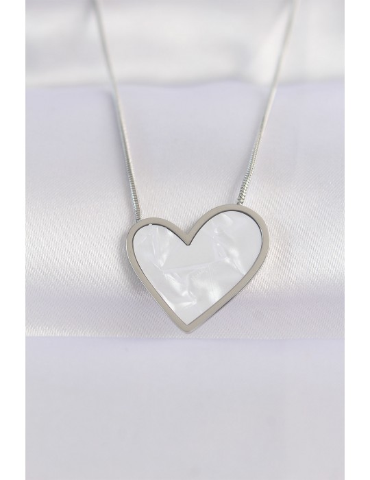 316L Çelik Zincir Gümüş Renk Mermer Desenli Kalp Kolye - TJ-BKO8656