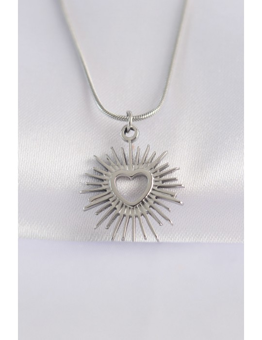 316L Çelik Zincir Gümüş Renk Kalp Güneşi Tasarımlı Kolye - TJ-BKO8658