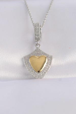 316L Çelik Zincir Gümüş Renk Zirkon Taşlı Tasarım Altın Renk Kalp Kolye - TJ-BKO8661
