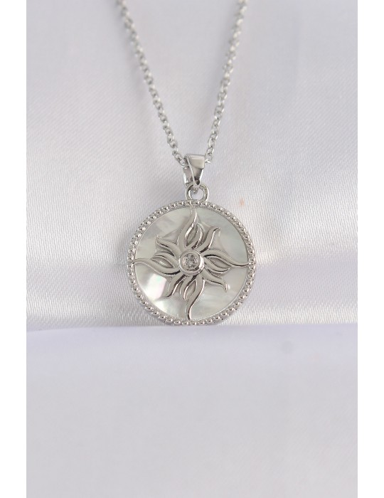 316L Çelik Zincir Gümüş Renk Oval Tasarımlı Güneş Kolye - TJ-BKO8663