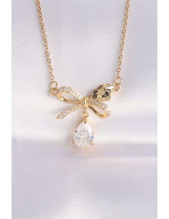 316L Çelik Zincir Altın Renk Zirkon Taşlı Damla Detay Fiyonk Kolye - TJ-BKO8690