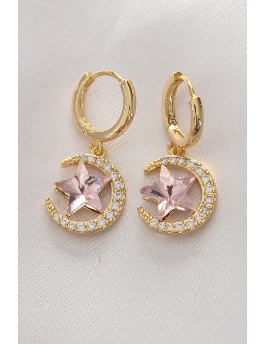 Pirinç Gold Renk Pembe Zirkon Taşlı Yıldız Detay Ay Küpe - TJ-BKP8965