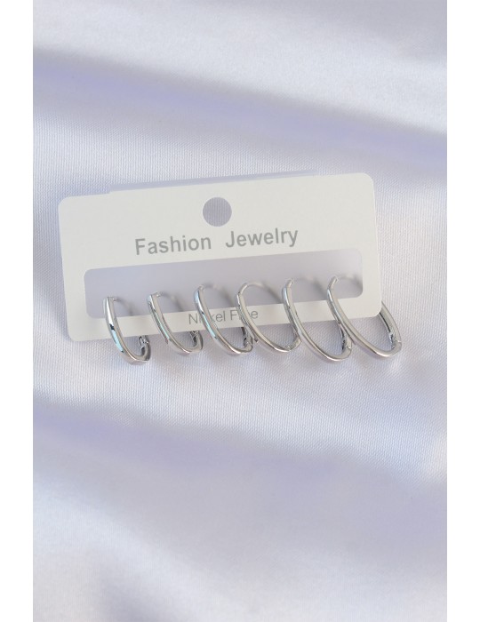 Pirinç Gümüş Renk İnce Oval Küpe Seti - TJ-BKP8989