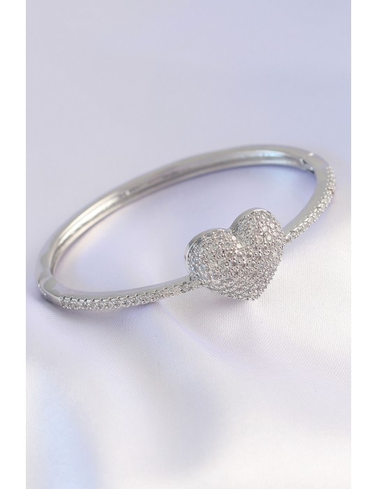 Vip Seri Pirinç Zirkon Taşlı Gümüş Renk Kalp Model Kelepçe - TJ-BB6082