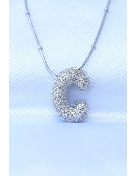 316L Çelik Zincirli Zirkon Taşlı C Harfli Gümüş Renk Bubble Kolye - TJ-BKO8716