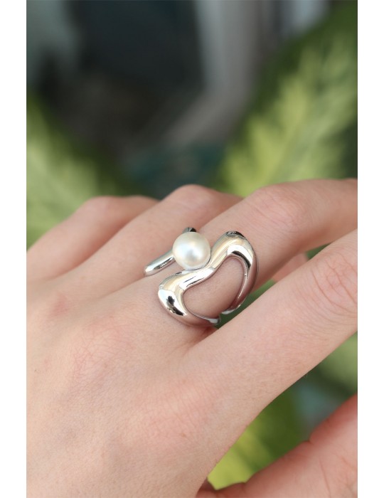 Pirinç Gümüş Renk Ayarlanabilir İnci Taşlı Yüzük - TJ-BYK3165