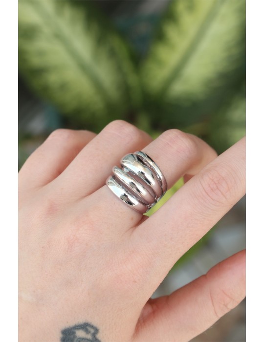 Pirinç Gümüş Renk Ayarlanabilir Tırtıklı Bombe Yüzük - TJ-BYK3169