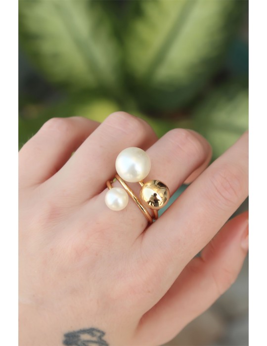 Pirinç Gold Renk Ayarlanabilir İnci Taşlı Yüzük - TJ-BYK3180